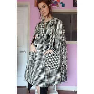 Vintage Houndstooth Cape Coat-Size S/M-Blk/Wht